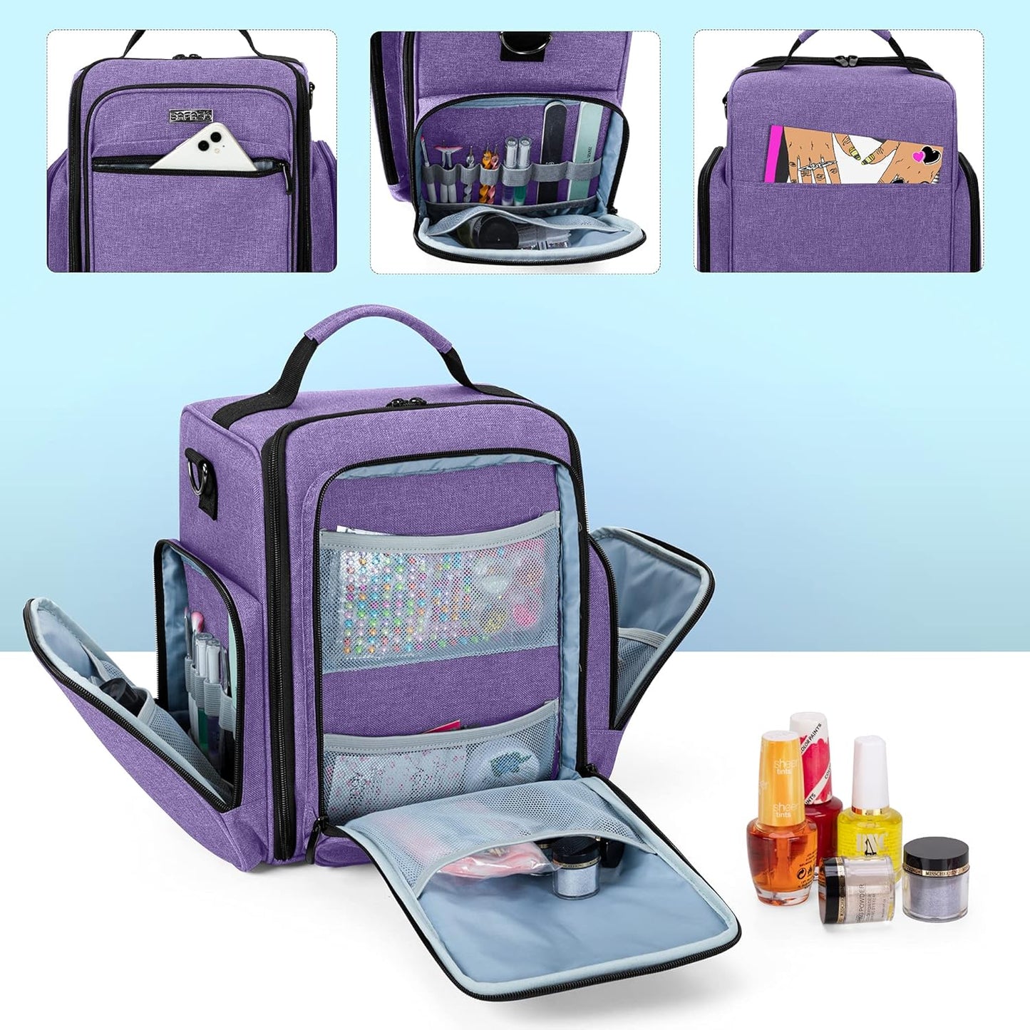 BAFASO Nail Polish Organizer Holds 48 Bottles (15ml - 0.5 fl.oz) and a Nail Lamp, Large Nail Polish Case with 2 Removable Pouches and Multiple Storage Sections (Patented Design), Purple