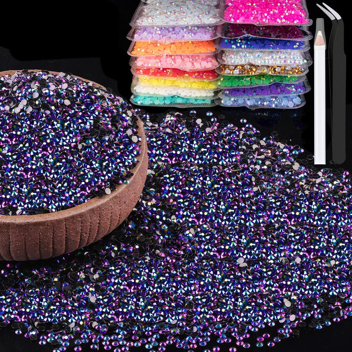 15000pcs 2mm Resin Rhinestones Bulk, Purplish Black AB Flatback Round Jelly Rhinestones Non Hotfix Crystal Gems Large Quantity Wholesale for DIY Crafts Clothes Bottles Face Makeup Manicure