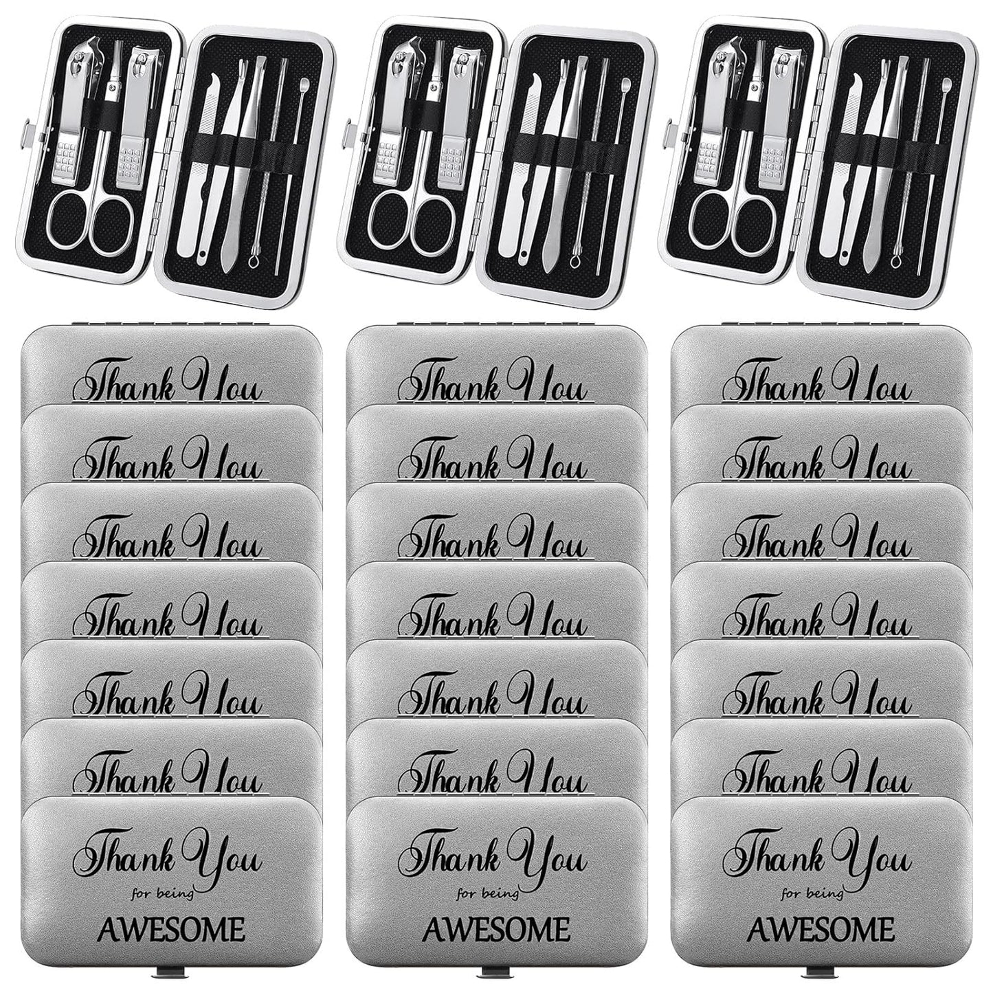 Therwen 24 Sets Manicure Set Nail Clippers 8 in 1 Stainless Steel Grooming Nail Kit Thank You Appreciation Gift Professional Pedicure Tool for Men Women Personal Care(Silver)