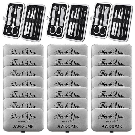 Therwen 24 Sets Manicure Set Nail Clippers 8 in 1 Stainless Steel Grooming Nail Kit Thank You Appreciation Gift Professional Pedicure Tool for Men Women Personal Care(Silver)