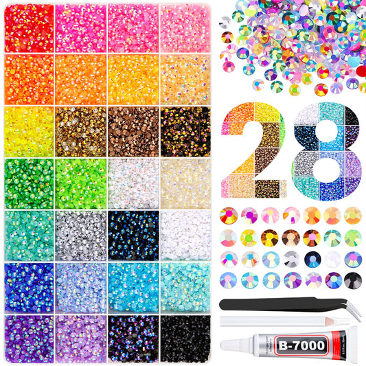32000Pcs Resin Rhinestones with Tweezers for Crafting, Mixed-Color 3mm Bedazzling Crystal with 1Pcs 10ml B7000 Jewelry Glue for DIY Crafts Clothing Tumblers Shoes Fabric Nail Art