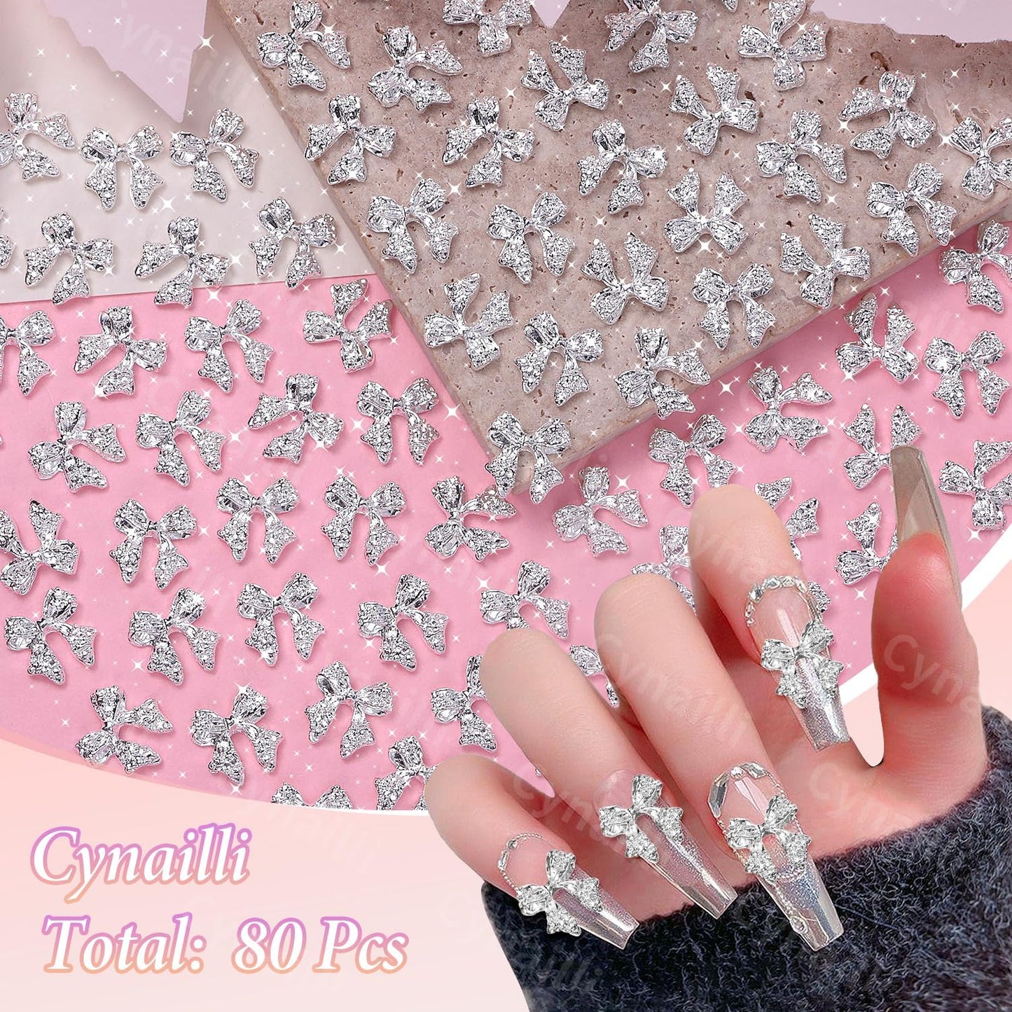 80 Pcs Silver Alloy Bow Nail Charms, 1011mm, Ideal for Nail Art, DIY Accessories