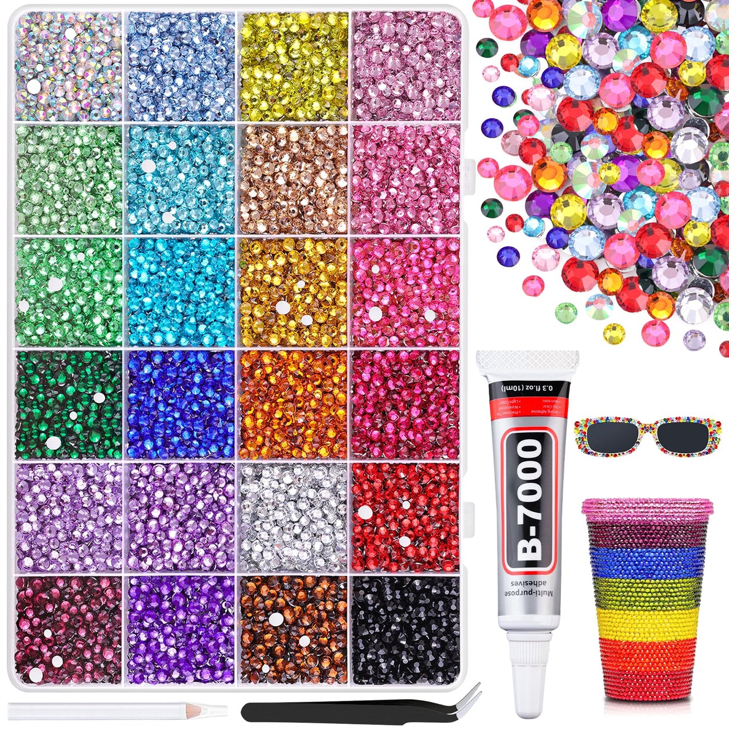 22000Pcs Resin Rhinestones for Bedazzling with B7000 Jewelry Glue, Multicolor 2/3/4mm Flatback Gems Rhinestones for Crafting, Clothing Tumblers Mugs Shoes Fabric Decor Nail Art