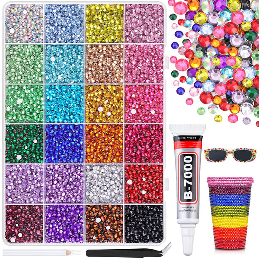 22000Pcs Resin Rhinestones for Bedazzling with B7000 Jewelry Glue, Multicolor 2/3/4mm Flatback Gems Rhinestones for Crafting, Clothing Tumblers Mugs Shoes Fabric Decor Nail Art