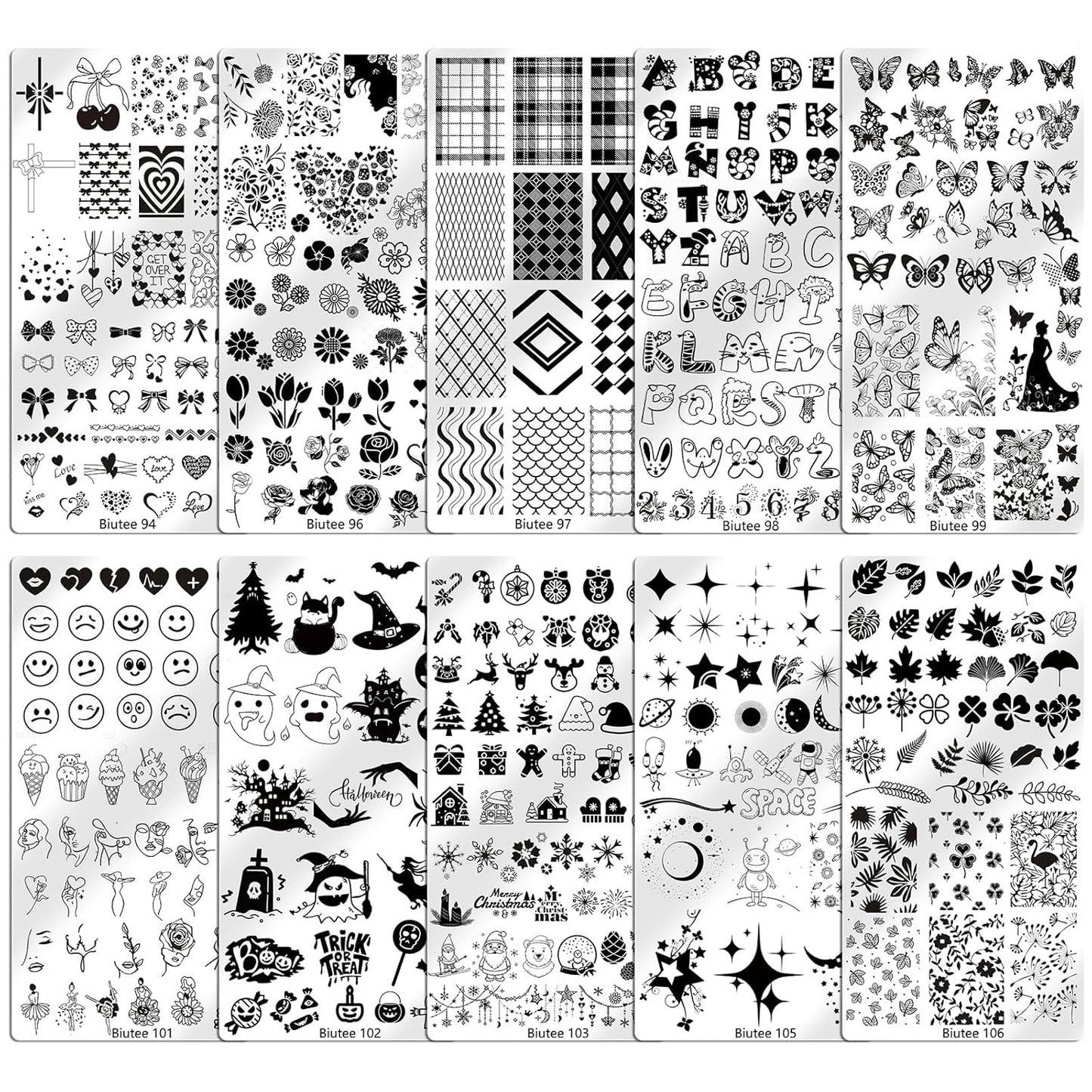 Biutee 10PCS Nail Art Stamping Plates Set Nail Stamper Kit with Nail Stamper Scraper and Storage Bag, Nail Stamp Plate Halloween Christmas Butterfly Starry Sky Flower Design Nail Stamping Kit