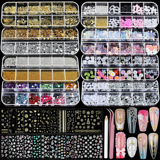 Teenitor Nail Charms Nail Stickers for Nail Art Kit, 8 Boxes Nail Rhinestones Nail Gems Pearls for Nails with 20 Sheets Nail Art Stickers, 3D Gold Nail Charms and Gems Nail Supplies Nail Art Tools