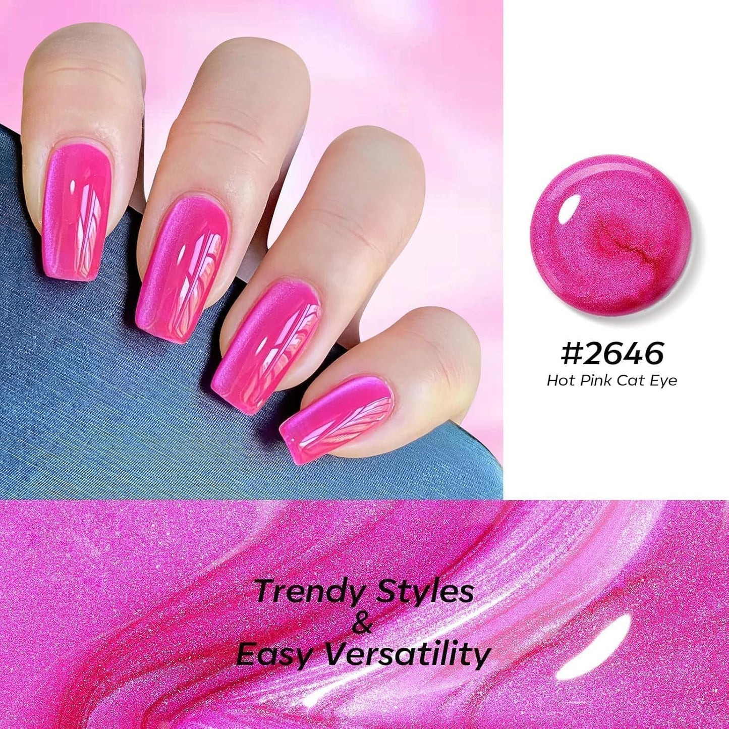 modelones Glassy Cat Eye Gel Nail Polish Glitter Holographic Hot Pink Cat Eye Pink Shimmer Reflective Translucent U v Gel Magnetic Nail Polish Top Coat for Women Girl 15ML