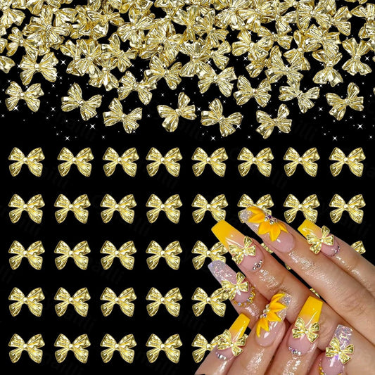 80 Pcs Metal Gold Nail Charm Bows, 3D Shiny Bow Nail Gems Charms, Cute Alloy Bowknot Y2K Nail Jewelry Charms for Nail Art Decor DIY Accessories Crafts