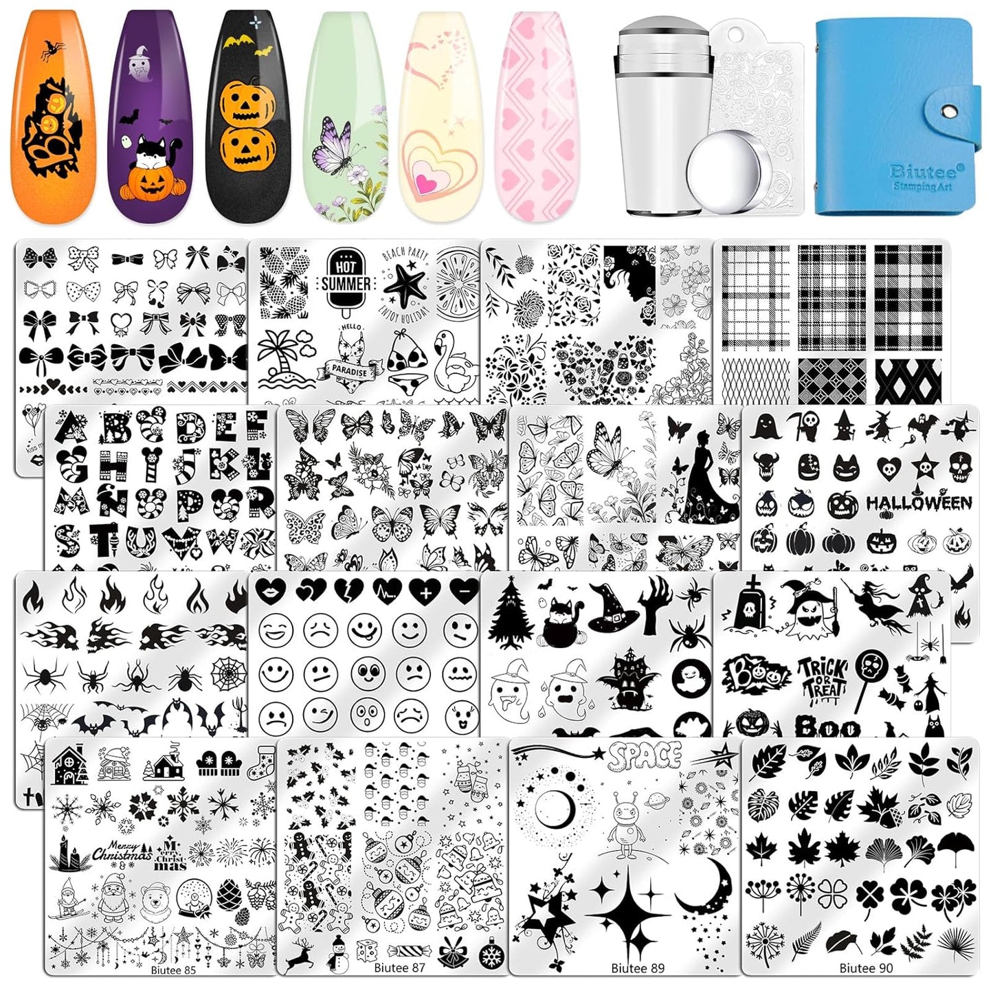 Biutee Nail Stamping Plates Set 16PCS Nail Stamper Kit with Nail Stamper, Scraper & Storage Bag Nail Art Stamping Plates Halloween Christmas Butterfly Star Flower Leaf Bowknot Design Nail Stamping Kit