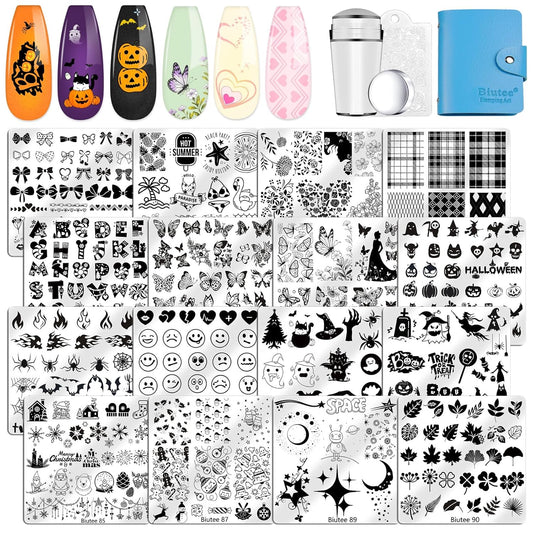 Biutee Nail Stamping Plates Set 16PCS Nail Stamper Kit with Nail Stamper, Scraper & Storage Bag Nail Art Stamping Plates Halloween Christmas Butterfly Star Flower Leaf Bowknot Design Nail Stamping Kit