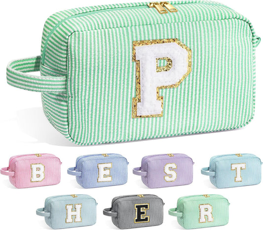 YOOLIFE Initial Makeup Bag, Travel Toiletry Bag, Cosmetic Pouch Makeup Case, Personalized Makeup Bags for Women, Green P