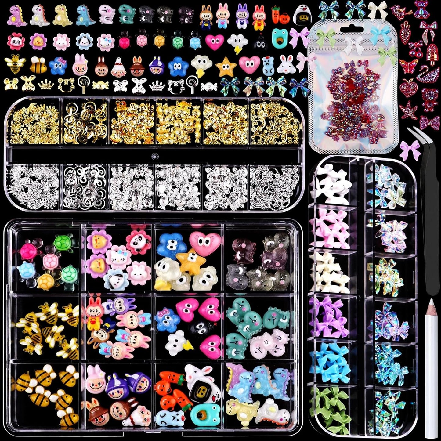3D Nail Charms and Gems Kit, Color Candy Bow Bees Bear Animals Cartoon Nail Art Charms,Flatback Gems+Gold Bow Nail Studs+Gravel Diamond,Mixed Nail Rhinestones Manicure Kit Nail Art DIY Decoration