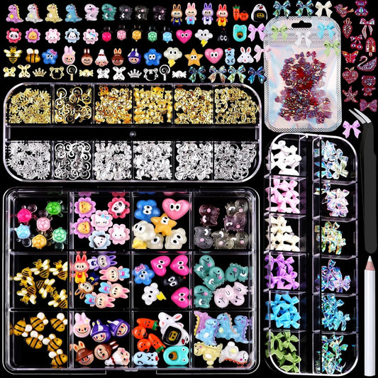 3D Nail Charms and Gems Kit, Color Candy Bow Bees Bear Animals Cartoon Nail Art Charms,Flatback Gems+Gold Bow Nail Studs+Gravel Diamond,Mixed Nail Rhinestones Manicure Kit Nail Art DIY Decoration