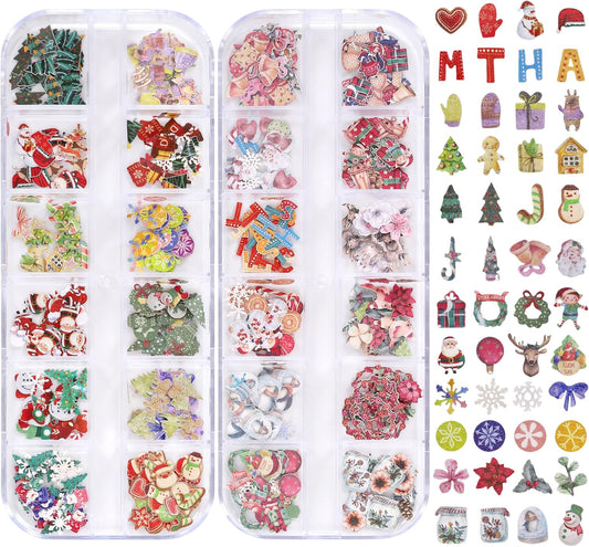 600Pcs 2 Boxes Christmas Nail Art Sequins Sticker, 3D Santa Claus Snowflake Elk Decals for Acrylic Nails, Christmas Tree Wood Pulp Glitter Flakes for Winter Nail Art Decorations 5