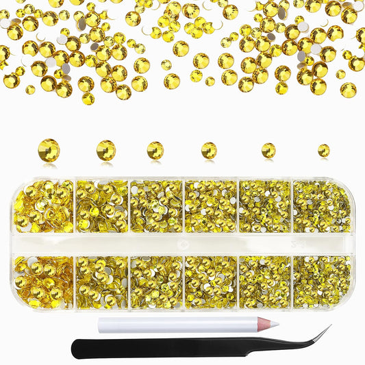 2400Pcs Lemon Yellow Flatback Rhinestones for Crafts,Nail Gems Glass Flatback Rhinestones Gemstones Glass Diamonds Stones Bling Rhinestone with Tweezers and Picking Pen