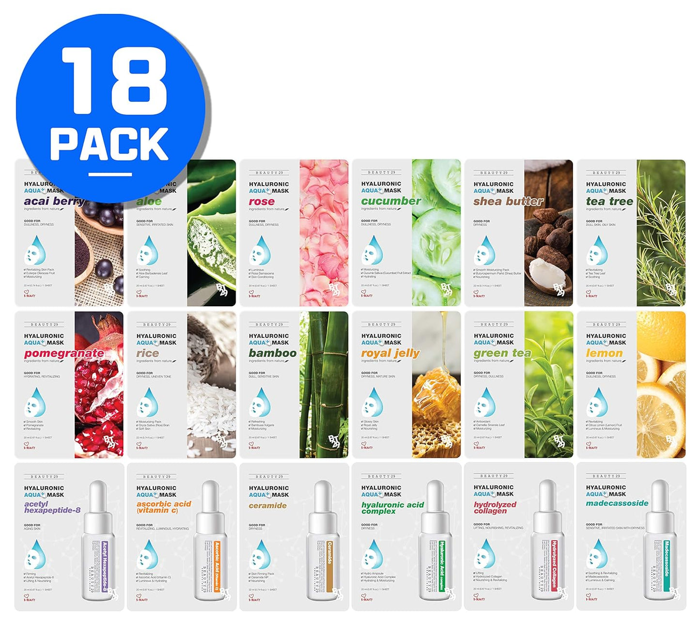 Hyaluronic Aqua Plus Essence Full Face Facial Sheet Mask 18 Sheets Combo - VALUE SET