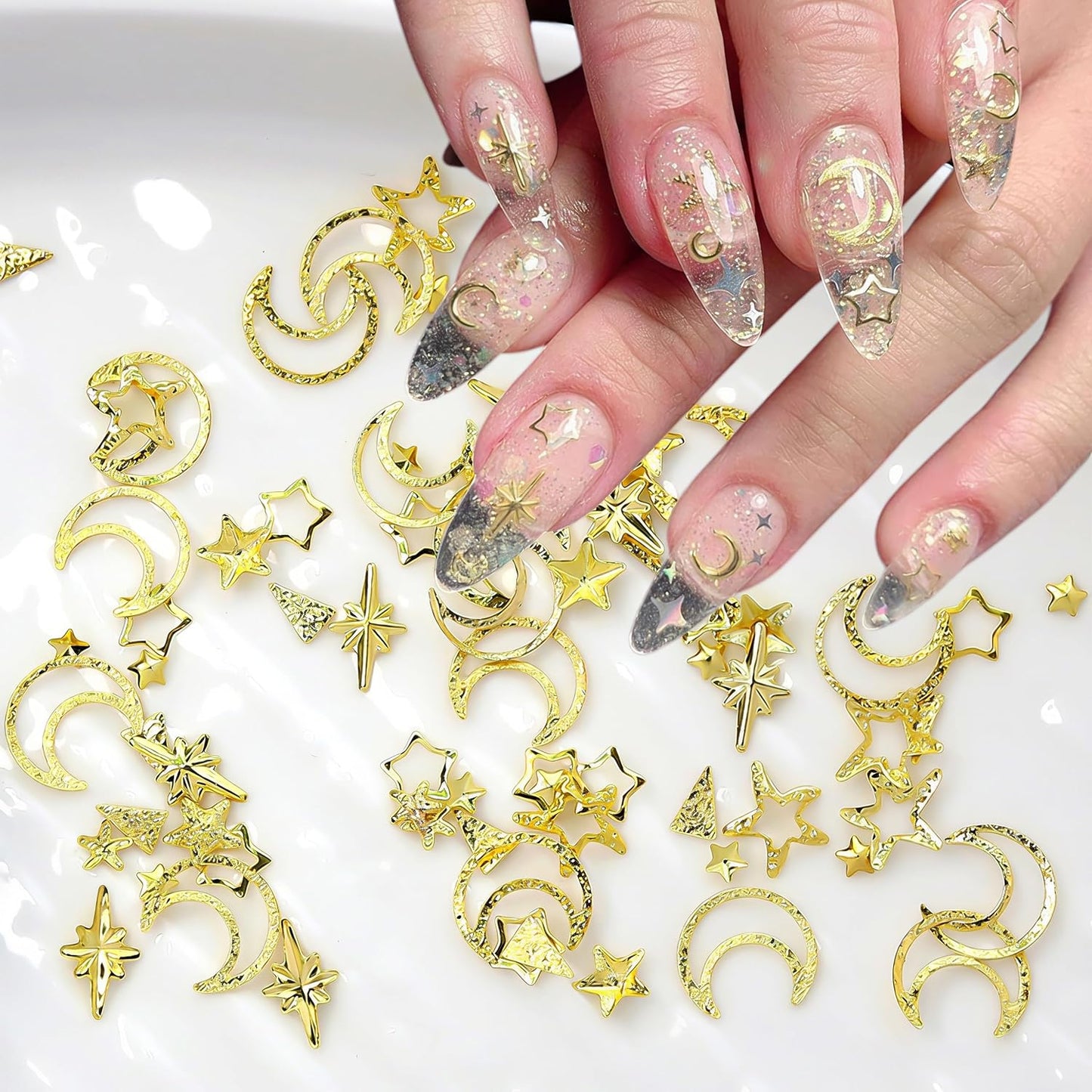 Hollow Moon Star Nail Art Ornaments Glitter Rhinestone Gold Mixed Metal Star Decorations for Women Girls DIY Nail Art Accessories 2 Boxes