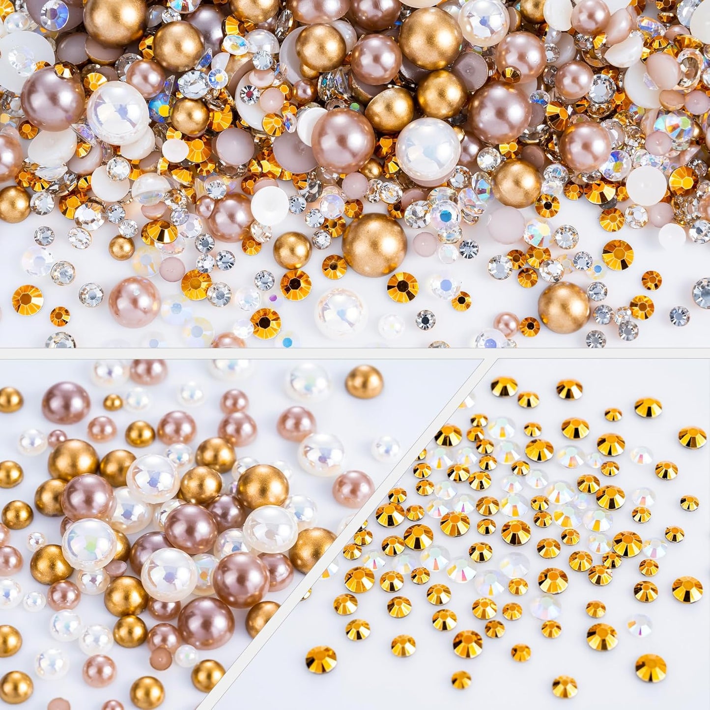 60g Champagne Gold Flatback Rhinestones Half Pearls for Crafting, Mixed Size 3mm-10mm Resin Rhinestones for Bedazzling, Small Pearls for DIY Tumblers Mugs Nail Art Shoes Clothes with Glue