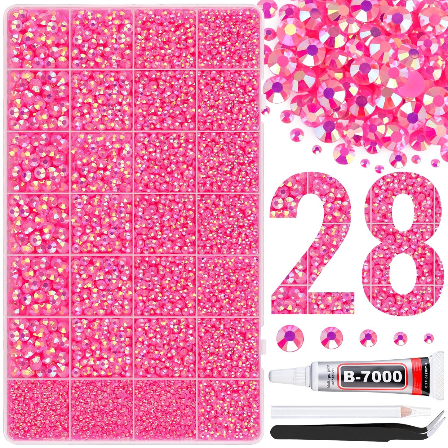 30000Pcs Resin Rhinestones for Bedazzling with B7000 Jewelry Glue, Hot Pink AB Flatback Gems Rhinestones for Crafting, Clothing Tumblers Mugs Shoes Fabric Decor Nail Art