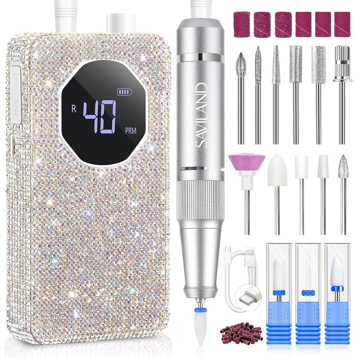SAVILAND Professional Nail Drill 40000 RPM: Portable Electric Nail Drill Kit File Machine with Ceramic Nail Bits Sanding Bands for Acrylic Nail Gel Polish Manicure Salon Home Use, Glitter