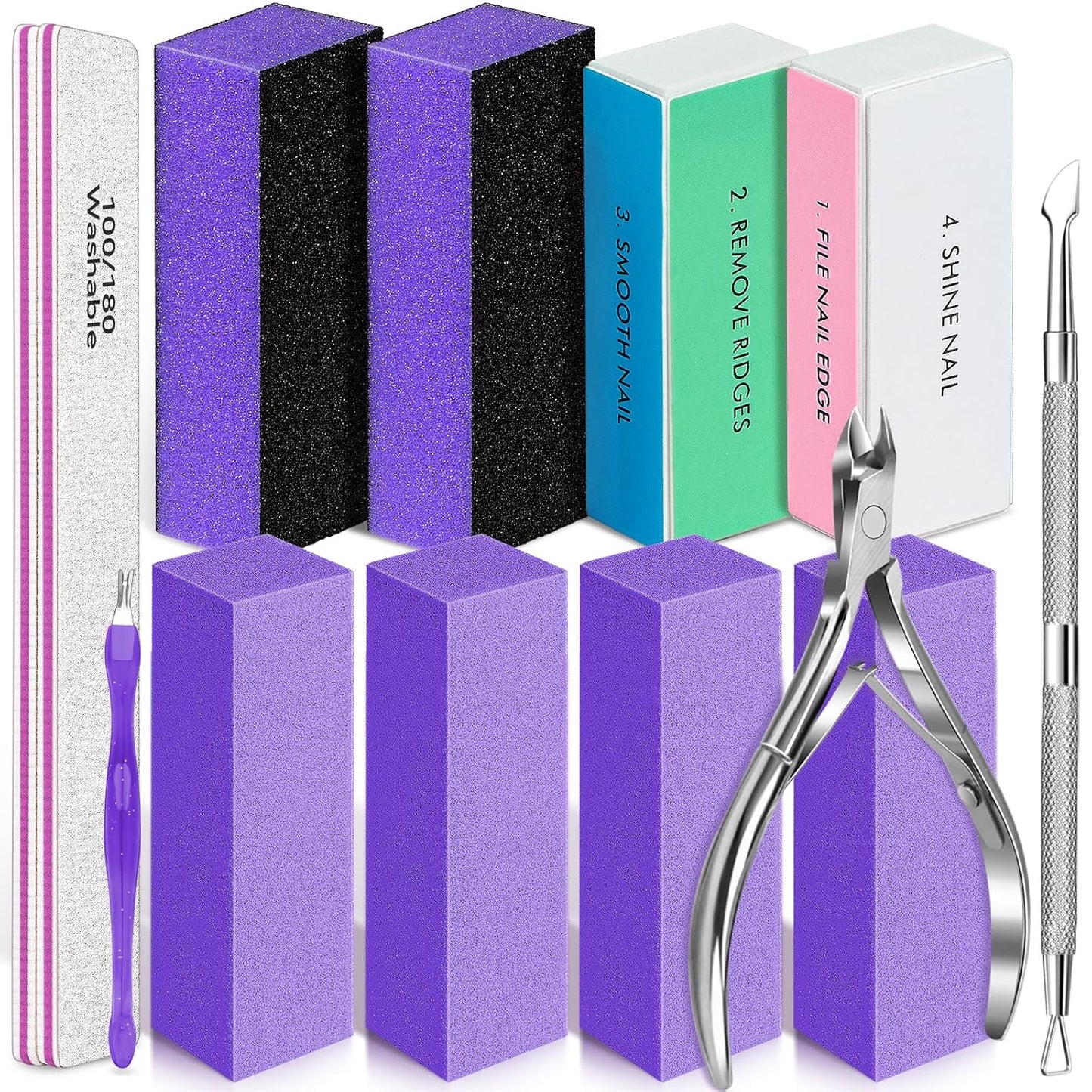 TsMADDTs 13PCS Nail Buffer Kit with 4-Way Buffing Block, 3-Way Sanding Block, 100/180 Files, Cuticle Trimmer, Nail Care Tool Kit