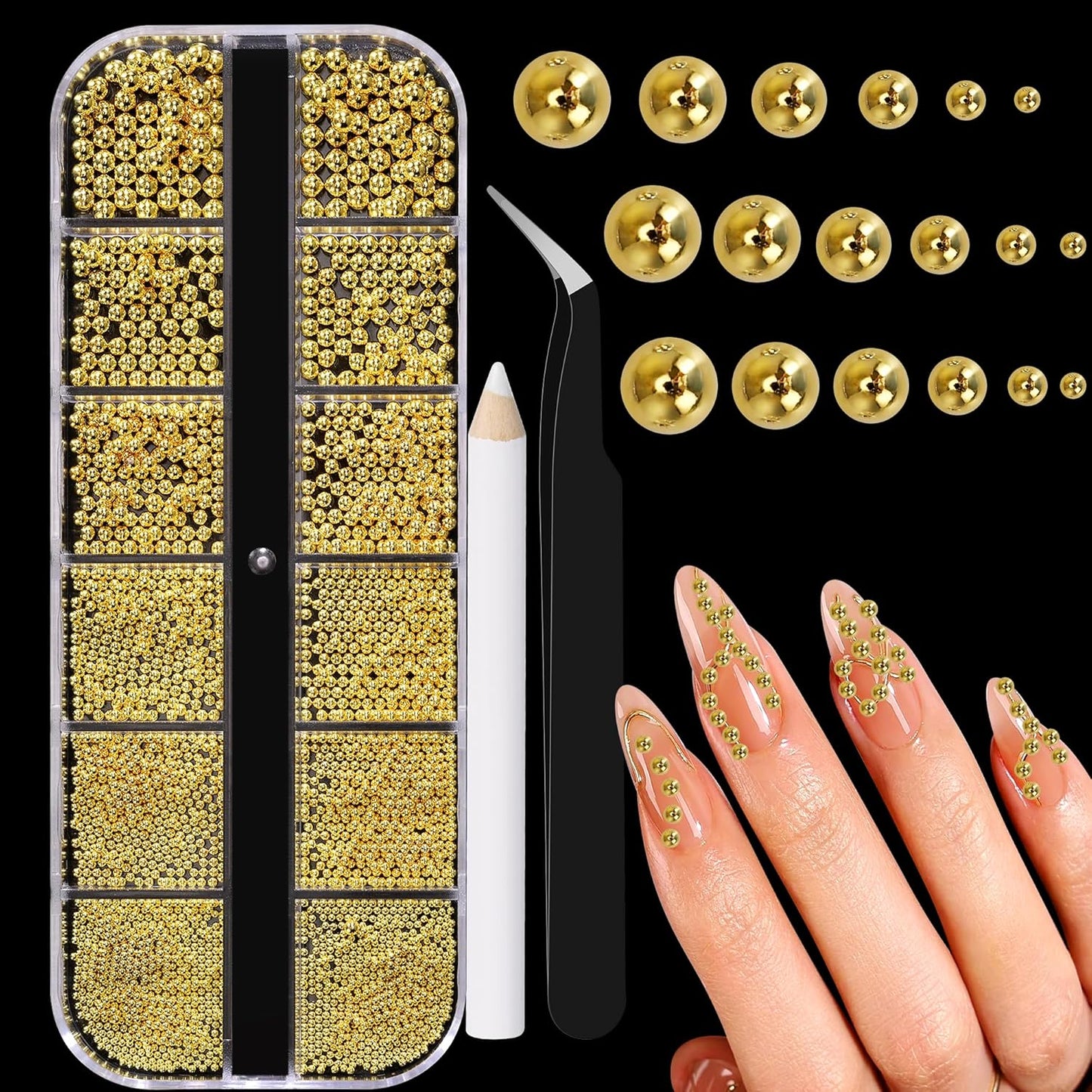Mini Small Stainless Steel Beads Nail Chain Charms Nails Art Decorations Gun Grey Nail Studs Gold Caviar Nail Charms DIY Tool Nail Studs Accessories Caviar Beads for Nails (Gold) 1