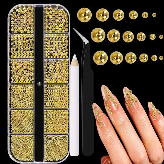 Mini Small Stainless Steel Beads Nail Chain Charms Nails Art Decorations Gun Grey Nail Studs Gold Caviar Nail Charms DIY Tool Nail Studs Accessories Caviar Beads for Nails (Gold) 1