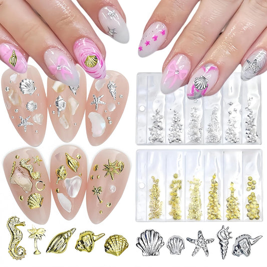 400Pcs Alloy Gold Silver Shell Starfish Nail Charms 3D Ocean Theme Nail Rhinestones Metal Beach Starfish Conch Seashell Nail Nails Gems Crystal Nail Jewels Supplies for Women DIY Manicure Accessories