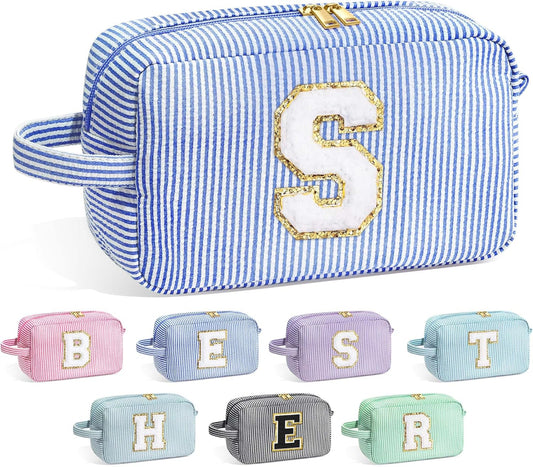 YOOLIFE Birthday Gifts for Women - Personalized Gifts Idea for Her Mom Best Friend Sister Girlfriend Bridesmaid Teacher, Monogram Initial Blue Cute Makeup Bag Cosmetic Toiletry Pouch Make Up Case S