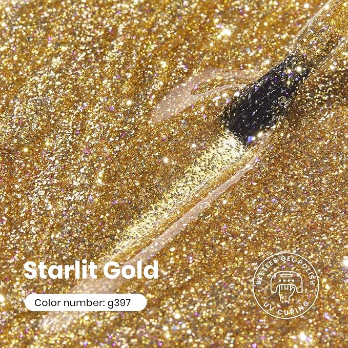 Beetles Gold Gel Nail Polish – Starlit Gold Sparkling Glitter Reflective Purple Gel Polish 15ml UV/LED Soak Off Long Lasting Christmas Nail Art Home DIY Salon