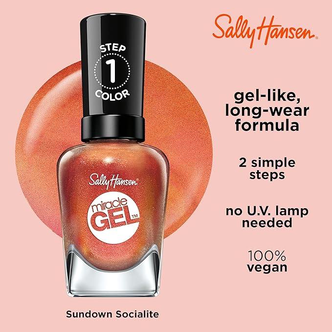 Sally Hansen Miracle Gel Salon Quality Nail Polish | Gel-Like Formula, Two-Step System, No UV Light Needed, Long Lasting | Opaque, Shimmery | 382 Sundown Socialite | Brown Orange Nail Color