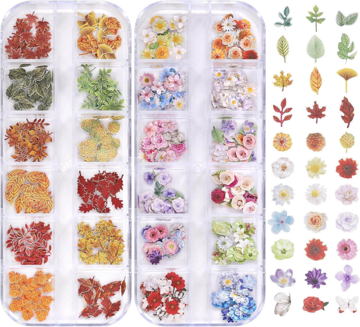 600Pcs 3D Flower Nail Art Charms Sequins Decals Colorful Mixed Flowers Leaves Design Slice Nail Flowers Ultra Wood Pulp Flakes Sequins