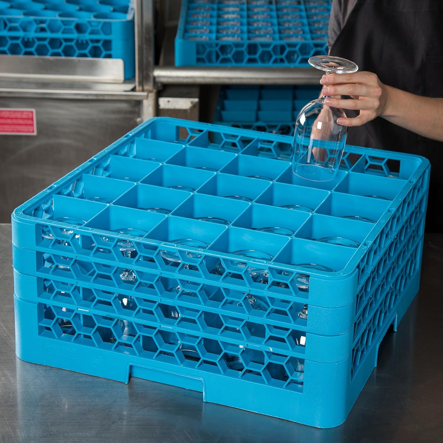 Carlisle FoodService Products Opticlean 25-Compartment Divided Glass Rack with 3 Extenders, Plastic, 19.875 x 19.875 x 8.5 Inches, Carlisle Blue