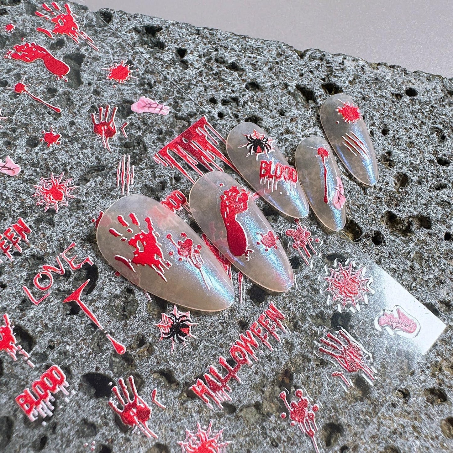 1 Sheets Halloween Nail Stickers for Nail Art Embossed Bloody Handprint Nail Art Stickers Blood Drop Spider Gothic Nail Decals 5D Self-Adhesive Bloody Footprints Nail Design Decals for Women