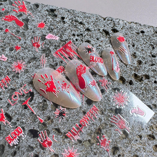 1 Sheets Halloween Nail Stickers for Nail Art Embossed Bloody Handprint Nail Art Stickers Blood Drop Spider Gothic Nail Decals 5D Self-Adhesive Bloody Footprints Nail Design Decals for Women