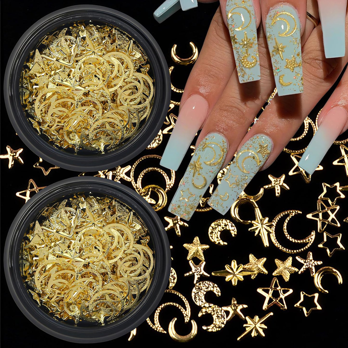Hollow Moon Star Nail Art Ornaments Glitter Rhinestone Gold Mixed Metal Star Decorations for Women Girls DIY Nail Art Accessories 2 Boxes