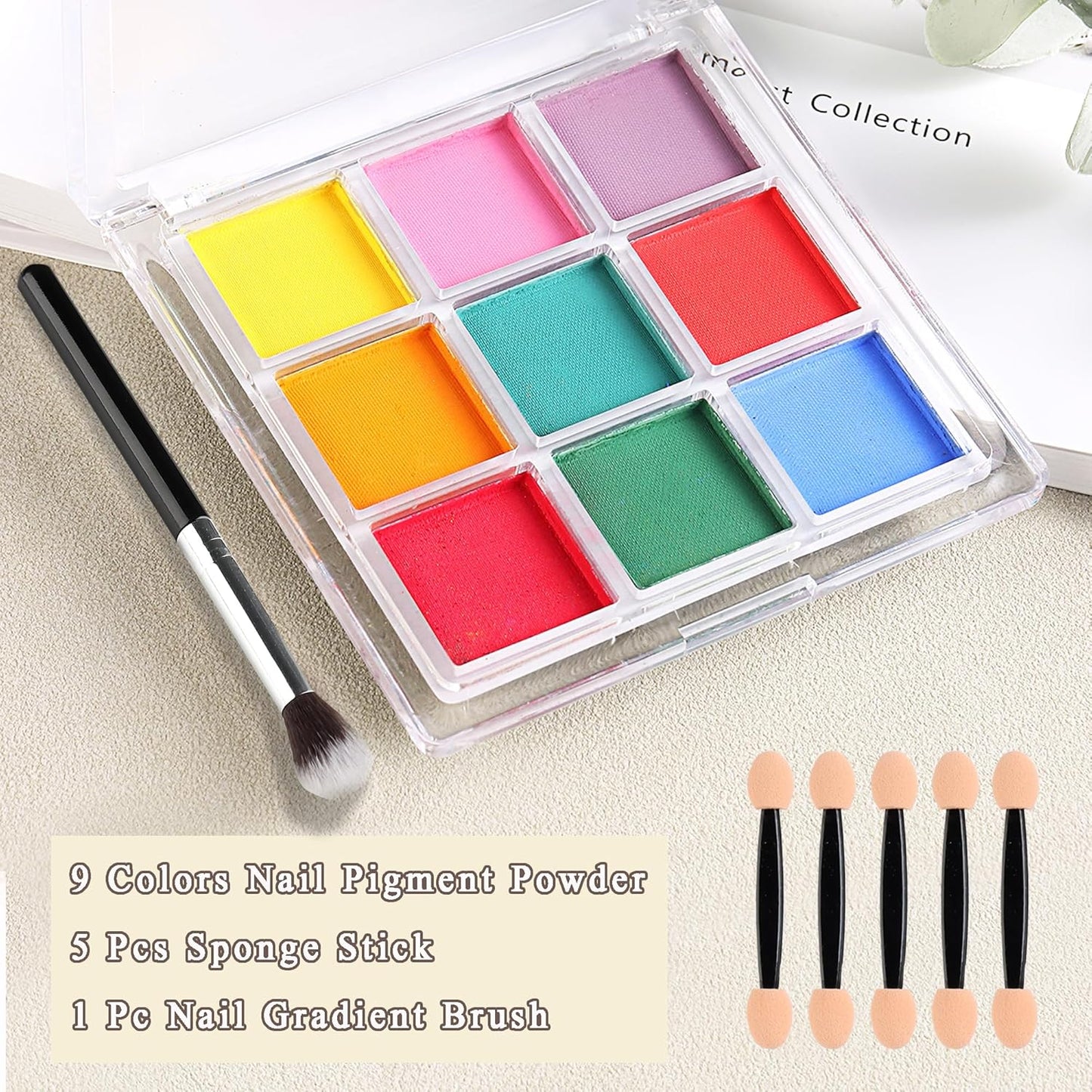 Nail Pigment Palette - 9 Colors Gradient & Solid Neon Ombre Pigment Powder Set - Includes 5 Sponge Sticks & 1 Brush - Perfect for Beginners