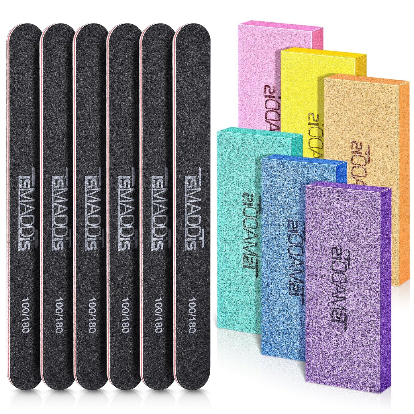 TsMADDTs Nail Files and Buffers Set with 6PCS Rectangular Buffers and 6PCS Black 100 180 Grit Files, Professional Nail Care Tools Kit for Women and Girls