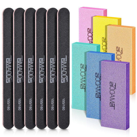 TsMADDTs Nail Files and Buffers Set with 6PCS Rectangular Buffers and 6PCS Black 100 180 Grit Files, Professional Nail Care Tools Kit for Women and Girls