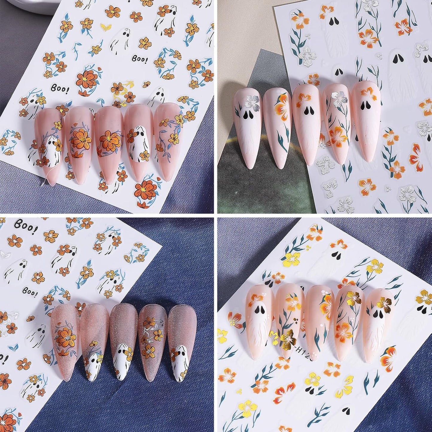 8 Sheets Halloween Nail Art Stickers Decals Halloween Cute Ghost Flower Nail Stickers Gold and Silver Hibiscus Flowers Designs Nail Decals for Women Girls DIY Manicure Decorations