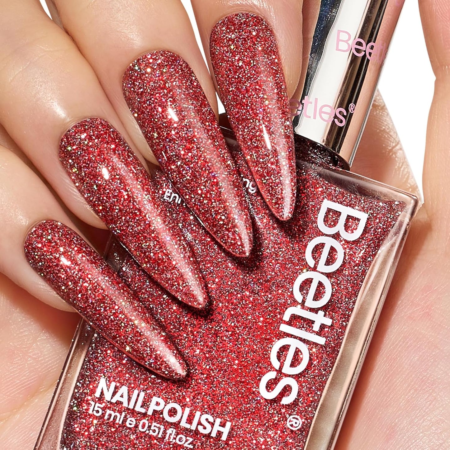 Beetles Red Nail Polish, Quick Dry Nail Polish, 1Pcs 15ml Glitter Sparkle Burgundy Red Nail Polish Fast Drying & Long Lasting Spring Valentines Nail Polish Salon DIY at Home