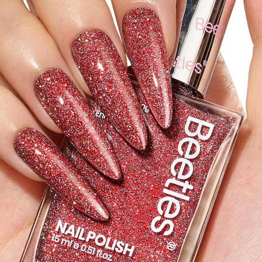 Beetles Red Nail Polish, Quick Dry Nail Polish, 1Pcs 15ml Glitter Sparkle Burgundy Red Nail Polish Fast Drying & Long Lasting Spring Valentines Nail Polish Salon DIY at Home