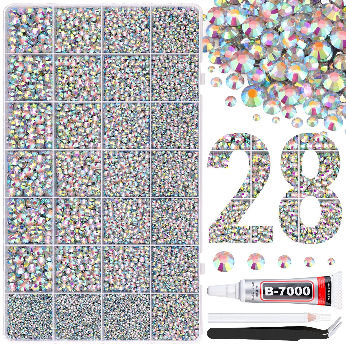 30000Pcs Resin Rhinestones for Bedazzling with B7000 Jewelry Glue, AB Flatback Gems Rhinestones for Crafting, Clothing Tumblers Mugs Shoes Fabric Decor Nail Art
