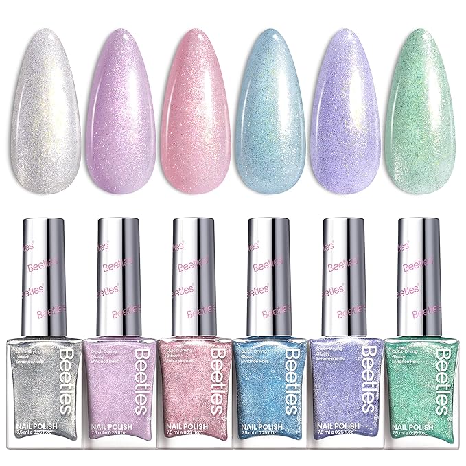 Beetles Glitter Nail Polish Set 6 Colors Glitter Fairy Gleam Quick Dry Nail Polish Shimmer Pink White Green Blue Purple Nail Lacquer Kit Fingernail Polish Diy Nail Art Gift For Women Girls