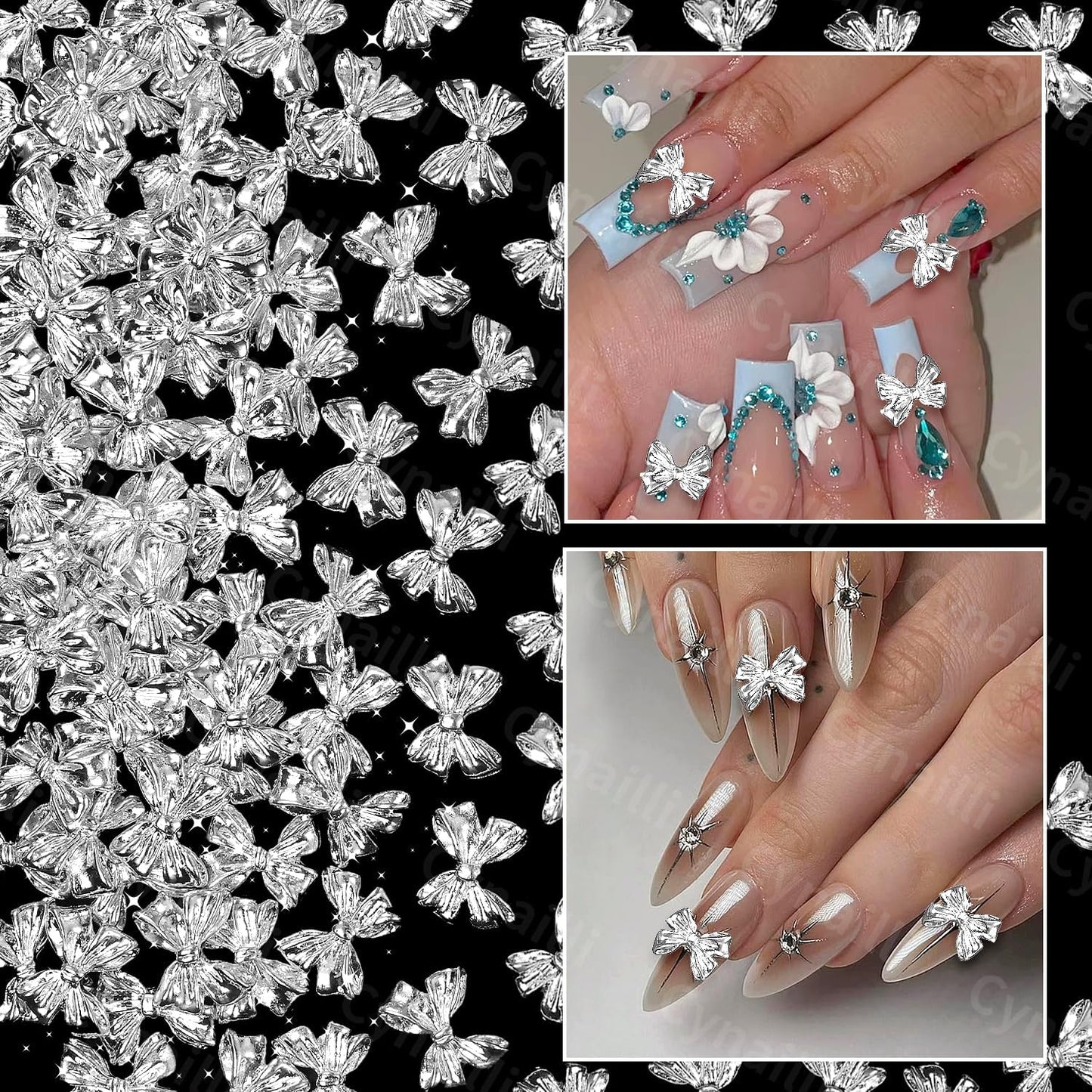 80 Pcs Silver Alloy Bow Nail Charms, 3D Metal Bowknot Nail Jewelry, Nail Art Design DIY Accessories