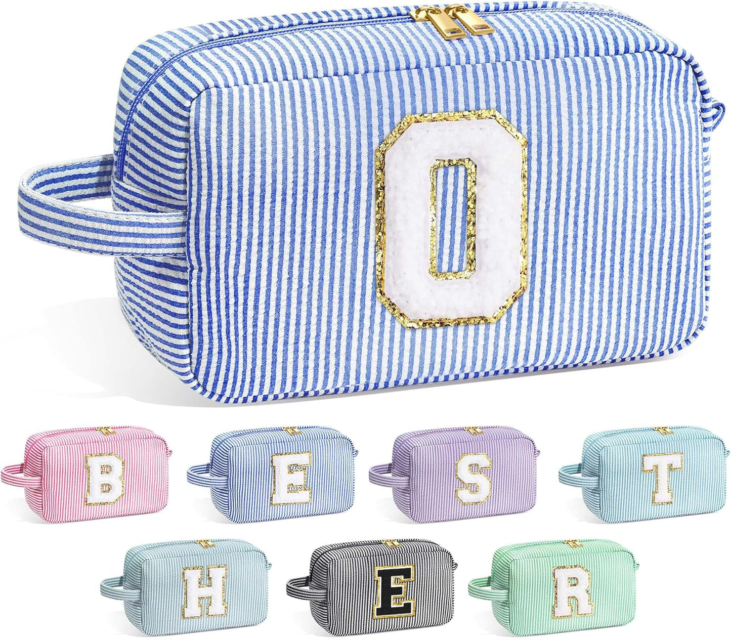 YOOLIFE Initial Cosmetic Bag for Women - Monogram Cute Initial Blue Makeup Bags Toiletry Pouch Make Up Case for Women Her Best Friend Friendship Sister Teacher, Personalized Birthday Gifts for Women O