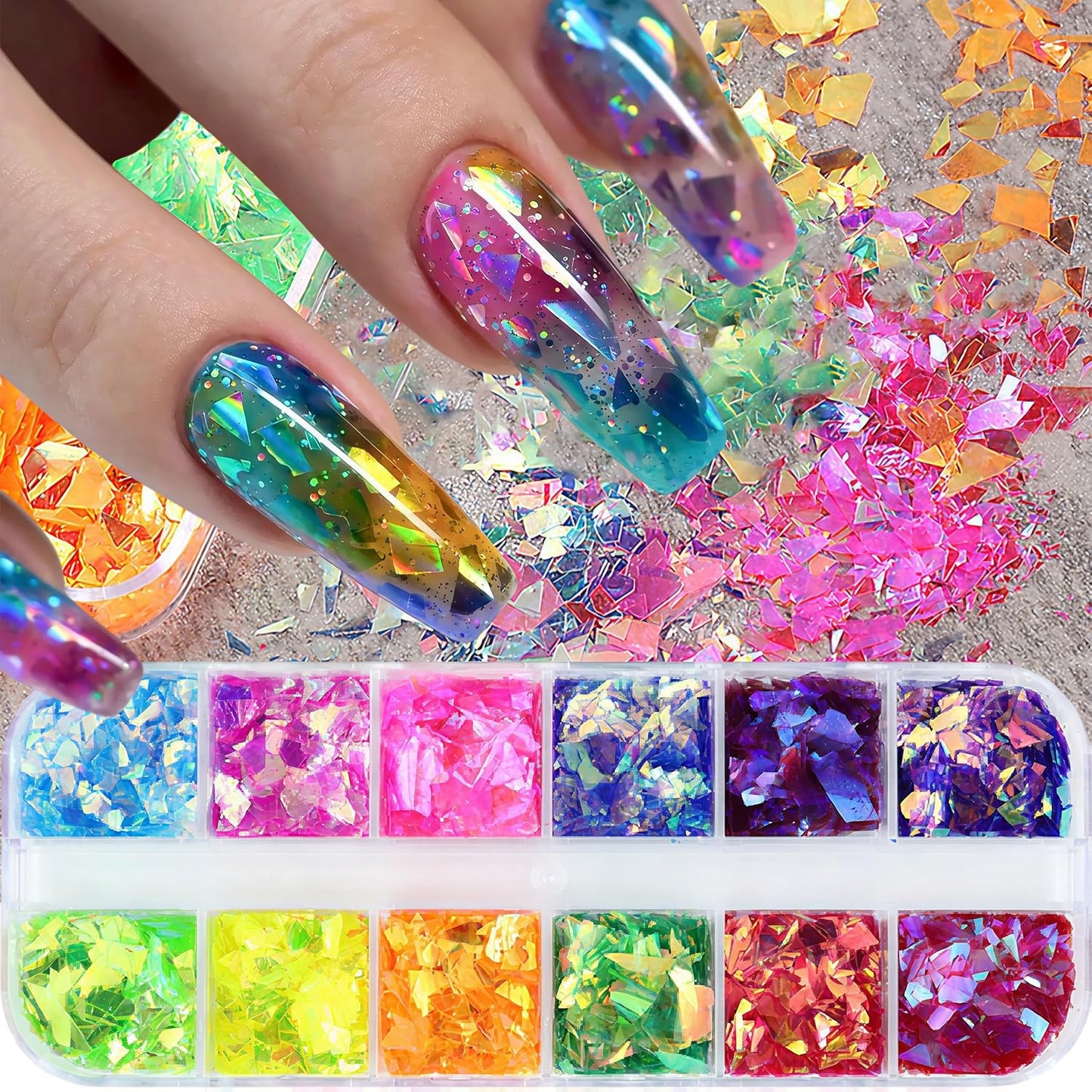 12-Grid Colorful Holographic Mermaid Nail Art Glitter Gradient Colorful ice slag Nail Sequins Irregular Candy Color Summer Metal foil DIY Nail Art Decoration