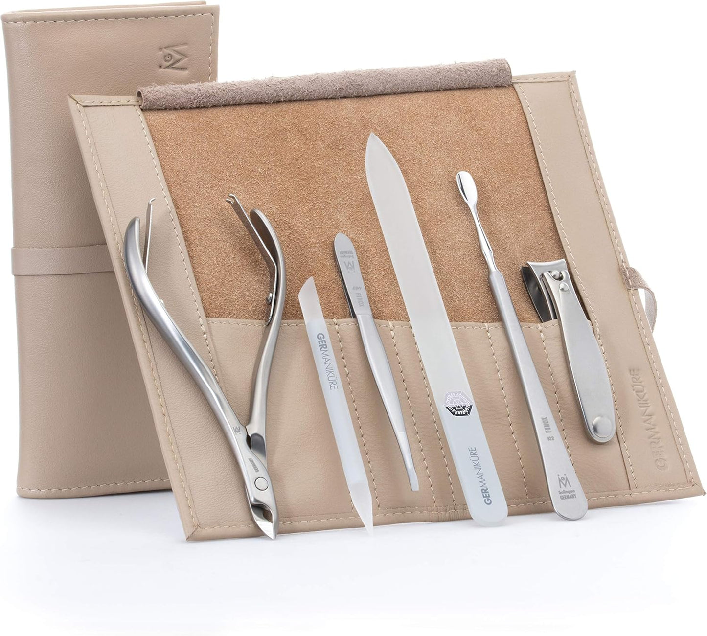 GERMANIKURE 6pc Manicure Set in Beige Leather Case - FINOX Stainless Steel Tools Made in Germany, Glass Nail Care Supplies Made in Czech Republic – Professional Cuticle and Nail Care Kit