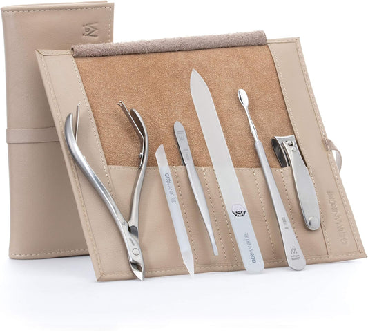 GERMANIKURE 6pc Manicure Set in Beige Leather Case - FINOX Stainless Steel Tools Made in Germany, Glass Nail Care Supplies Made in Czech Republic – Professional Cuticle and Nail Care Kit