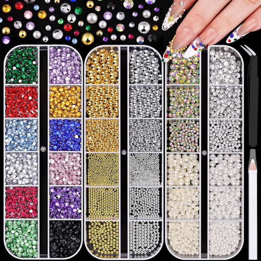 10000Pcs Nail Rhinestones and Charms for Nail Art, Flatback Nail Pearls and Caviar Nail Beads(Silver+Gold), Colorful Rhinestones Bedazzling Gems Kit Nail Gems Pearl Nail Charms for Manicure Decor